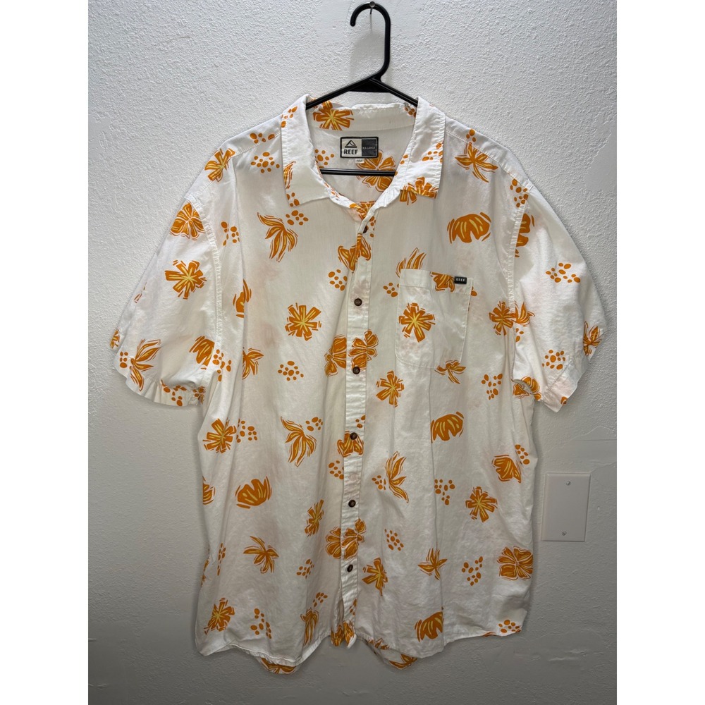 Reef Button Down Shirt Mens XXL White Orange Floral Short Sleeve Cotton‎ Surf
